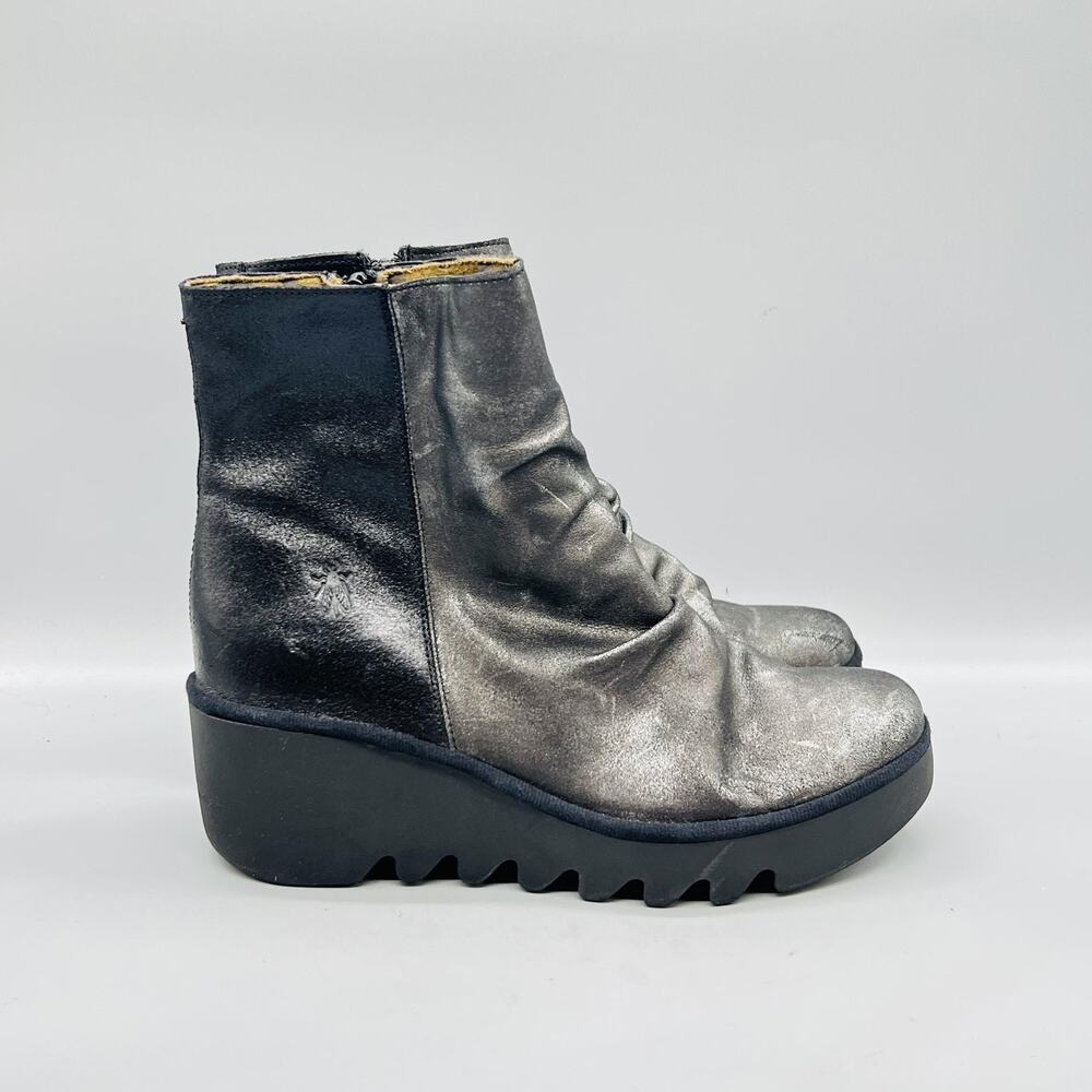 FLY London Boots Womens 8 Silver Black Leather Platform Ankle Wedge Zip Shoes